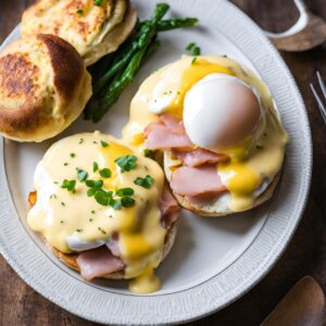 Delicious Eggs Benedict served on a plate with poached eggs, Canadian bacon, creamy hollandaise sauce, and garnished with fresh chives.