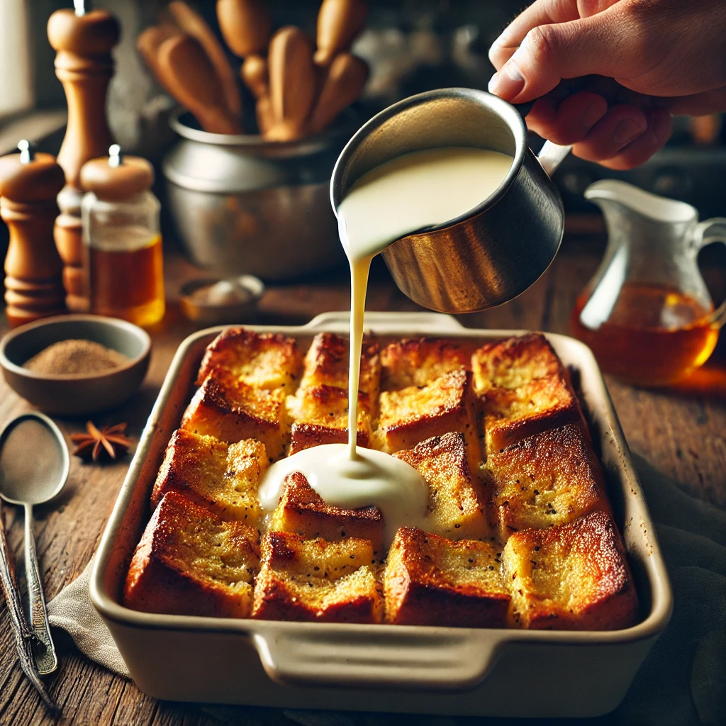 Bread Pudding in Casserole with Vanilla Sauce