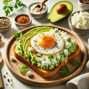 High-protein cottage cheese toast topped with whipped avocado, a fried egg, crumbled feta, Za’atar seasoning, Aleppo pepper, and fresh parsley on a wooden plate